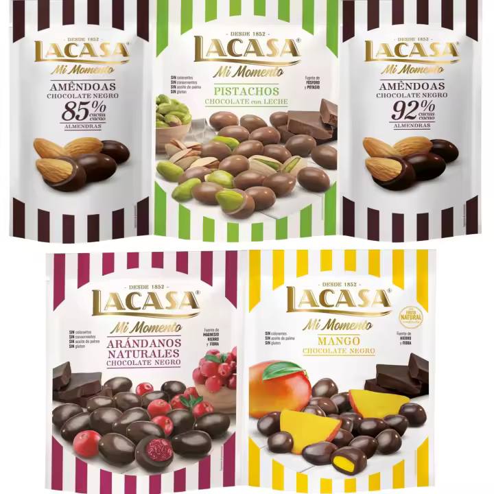 Lacasa Mi Momento pack de 5:Almendra 92% ,Almendra 85% ,Arándano Chocolate Negro ,Pistacho Chocolate Leche,Mango Chocolate Negro - 1