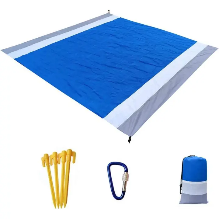 Manta de picnic de playa, manta de playa extragrande, mantas de picnic, manta de bolsillo de 210 x 200 cm, impermeable, lavable, esterilla de playa con 4 clavos fijos para playa - 1