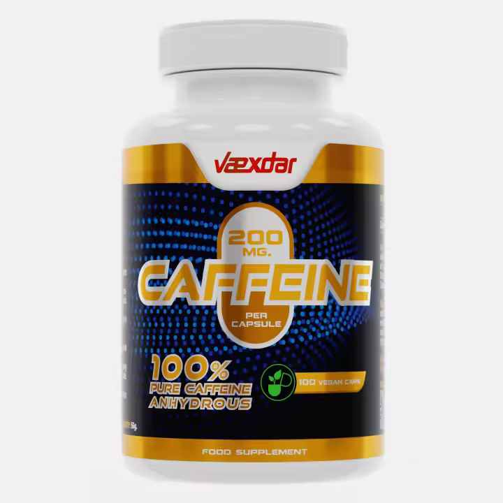 Vaexdar - Cafeína - 200mg - Cafeína 100% Anhidra Pura - Efecto Rápido - Caffeine - Alta Concentración - 100 Cápsulas Vegetales - 1