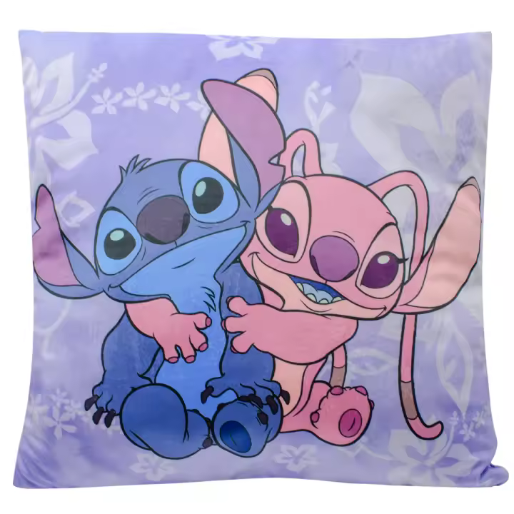 Cojín Decorativo Stitch y Angel 40x40 cm | Diseño Colorido y Suave con Ilustración de Personajes | Tejido 100% Microfibra | Ideal para Niños, Sofá, Cama o Habitación Infantil | Regalo Original y Confortable para Fans del Universo de Stitch - 1