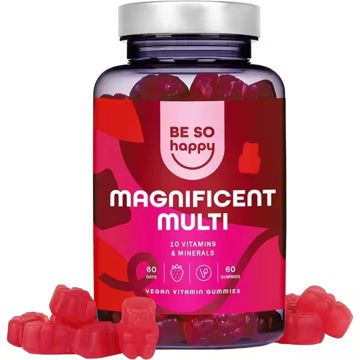 Multivitaminas en Gominolas, Complejo con 10 Vitaminas y Minerales, Vitamina B12 + B6 + C + D + A + Biotina + Yodo + Acido Folico, Vitaminas para el cansacio y fatiga, 60 dias, Veganas, BeSoHappy® - 1