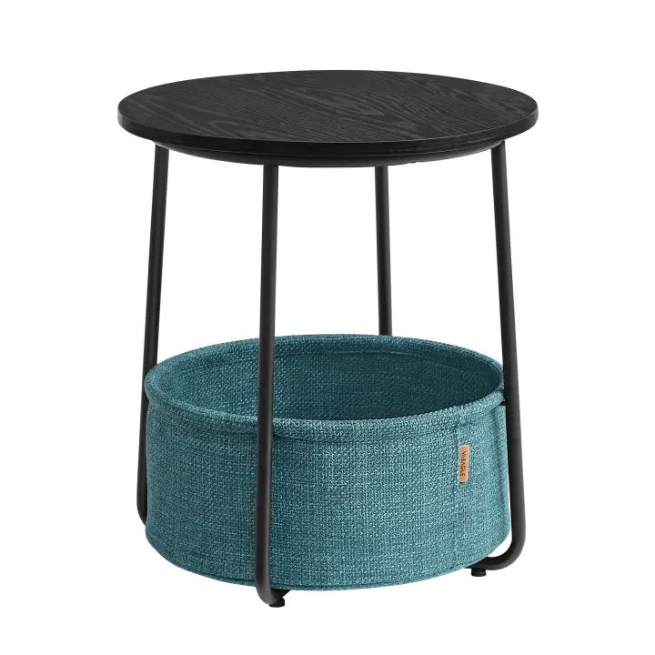 VASAGLE Mesa Auxiliar, Mesa Lateral Redonda con Cesta de Tela, Espaciosa, para Salón, Dormitorio, Mesita de Noche, Estilo Moderno, Blanco Mate y Marrón Camello/Azul Pálido y Azul Hielo/Beige Natural y Blanco Crema/Gris Cemento y Blanco Crema/Negro Ébano y - 1