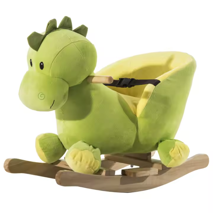 HOMCOM Balancín Infantil en Forma de Dinosaurio de Felpa para Bebés 18-36 Meses con Sonido Cinturón de Seguridad Manillar y Reposapiés 60x33x45 cm Verde - 1
