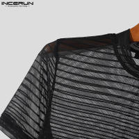 Camiseta De Hombre INCERUN Verano Manga Corta Cuello Redondo Malla Rayada Talla Oversize Ropa Casual Para Todo El Año - details 4