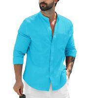 Camisa De Lino Para Hombre De Color Sólido Con Cuello Erguido Casual Cotton Manga Larga Botones Abiertos Estilo Beach - details 7