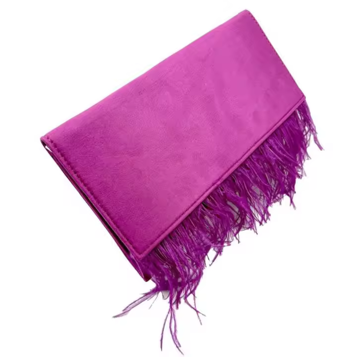 TEOVEL Cartera de Fiesta con Plumas - Bolsa de Mano - Cadena Metálica Extraible - Medidas 28cm X 15cm - Nueva Colección - - 1
