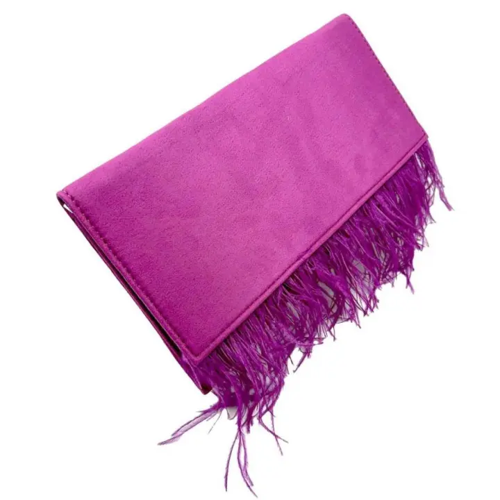 TEOVEL Cartera de Fiesta con Plumas - Bolsa de Mano - Cadena Metálica Extraible - Medidas 28cm X 15cm - Nueva Colección - - 1