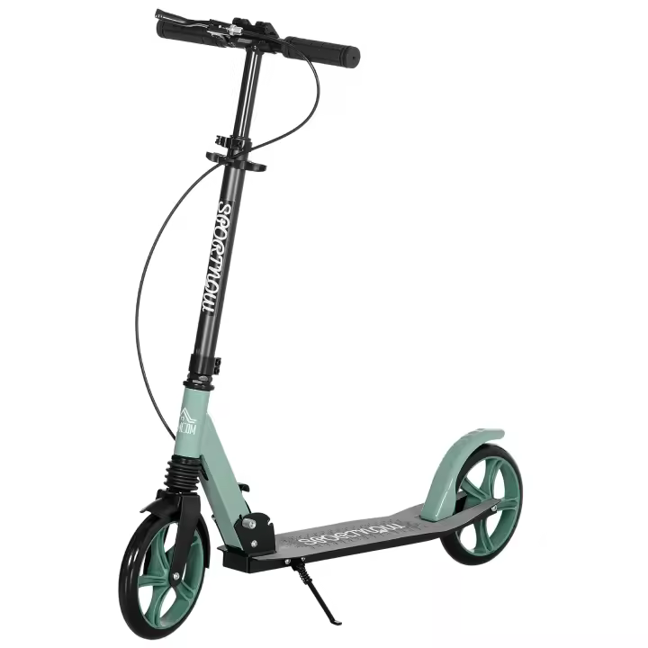 HOMCOM Patinete Plegable para Adultos y Niños de +14 Años Scooter Ligero con Manillar Ajustable Grandes Ruedas Ø200 mm Amortiguador y Freno Aluminio Carga 100 kg 91,5x36,5x91-104 cm Verde - 1