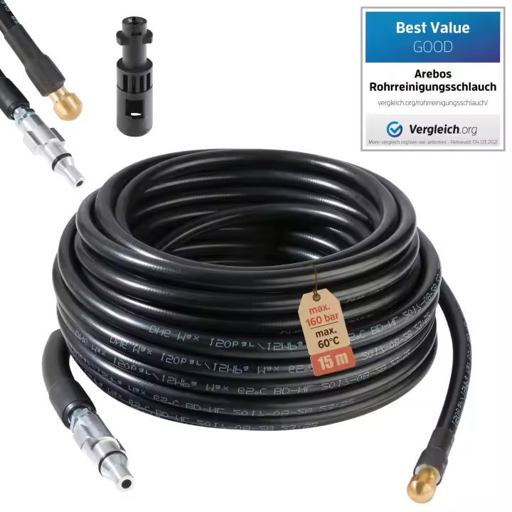 Arebos Manguera para Limpieza 15m incl.adaptador para conexión bayoneta 160 bar - 1