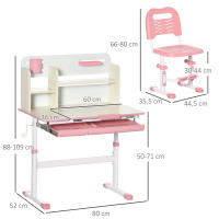 HOMCOM Juego de Escritorio y Silla para Niños de +3 Años con Altura Ajustable Pupitre Infantil con Tablero de Mesa Inclinable Cajón y Estantería para libros 80x52x88-109 cm y 35,5x44,5x66-80 cm Rosa - details 2