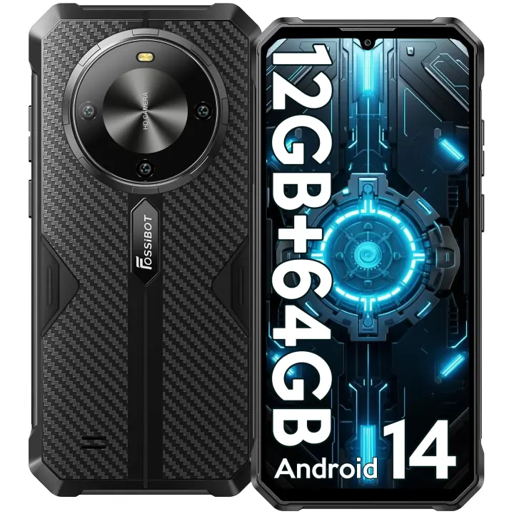 FOSSiBOT F105 Móvil Resistente 10300mAh , 12GB+64GB，6.745 Inch HD+ Android 14 Móvil Irrompible Teléfono Robusto, 20MP+8MP Cámara , IP68, Dual SIM 4G,Chipset Octa-core, Face ID/OTG/GPS, IP68/IP69K - Azul/Negro/Verde - 1