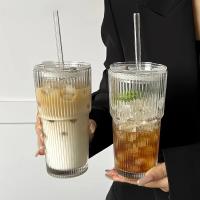 Vaso De Leche Y Café Frío De 600ML Con Tapa Y Pajita Transparente De Pattern Estriado Para Bebidas Vaso De Vidrio Redondo - details 4