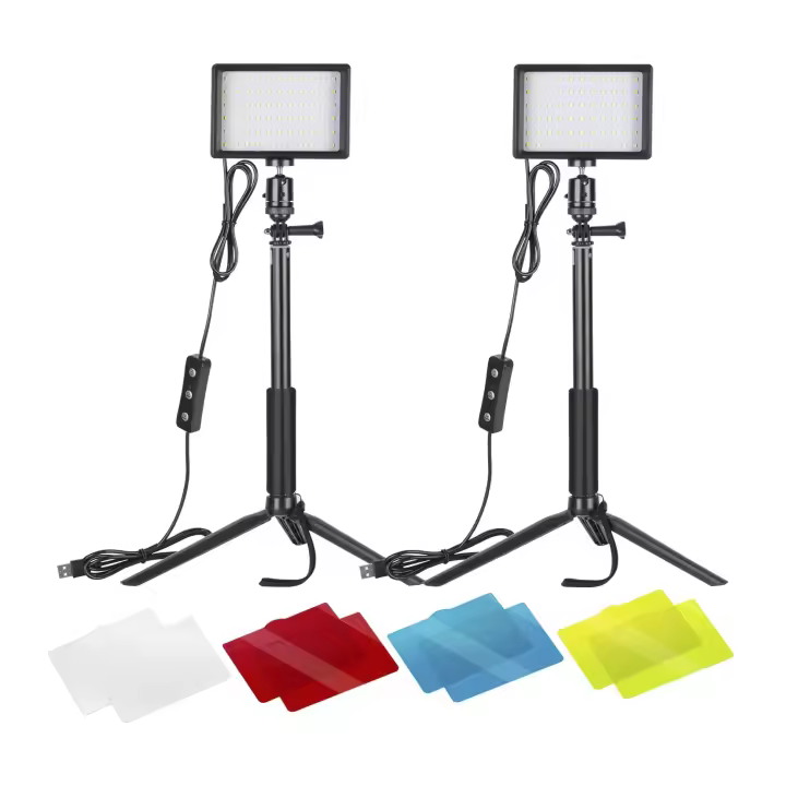 Kit Iluminación Fotografía Vídeo 5600K, Pack de 2 Luces de Cámara USB Ajustable con Trípode Ajustable y Filtros de Color, Iluminación de Estudio para Fotos de Mesa, Ángulo Bajo, Videoconferencia, Zoom, Youtube, Tiktok - 1