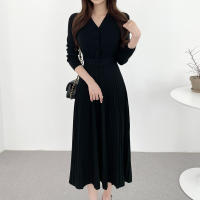Vestido De Suéter Tejido Para Mujer Estilo Vintage A-Line Cuello V Manga Regular Botones Mid-Calf Talla Suave Otoño Invierno - details 8