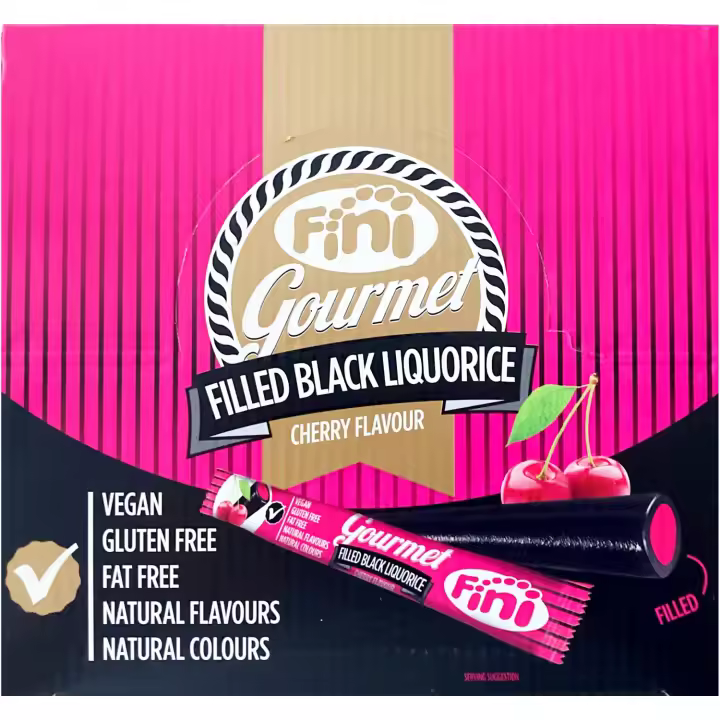 Fini Regaliz Gourmet Negro Relleno de Cereza 32 x 32 g Black Liquorice Cherry Flavour Vegano Sin Gluten - 1