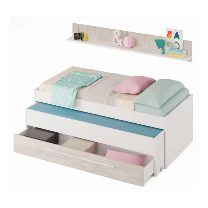 Conjunto dormitorio Elliot cama nido + estante + cajón blanco gris - 1