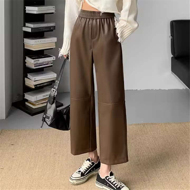 Pantalones De Cuero PU Para Mujer Alta Cintura Otoño Invierno Negro Rectos De Pierna Con Bolsillos De Longitud Del Tobillo - 1