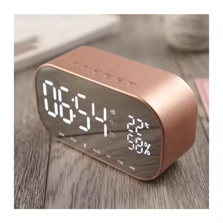 Radio despertador digital, altavoz Bluetooth inalámbrico, Carga USB, reproducción de tarjeta TF y AUX para escritorio (Rose Gold) - 1