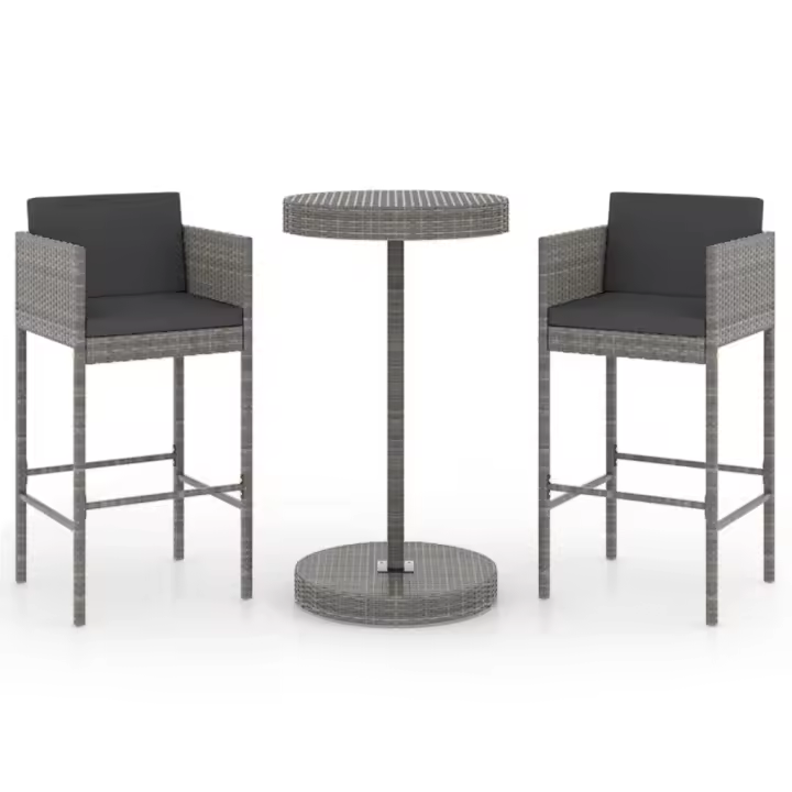 vidaXL Set muebles bar jardín 3 piezas y cojines ratán sintético gris - 1