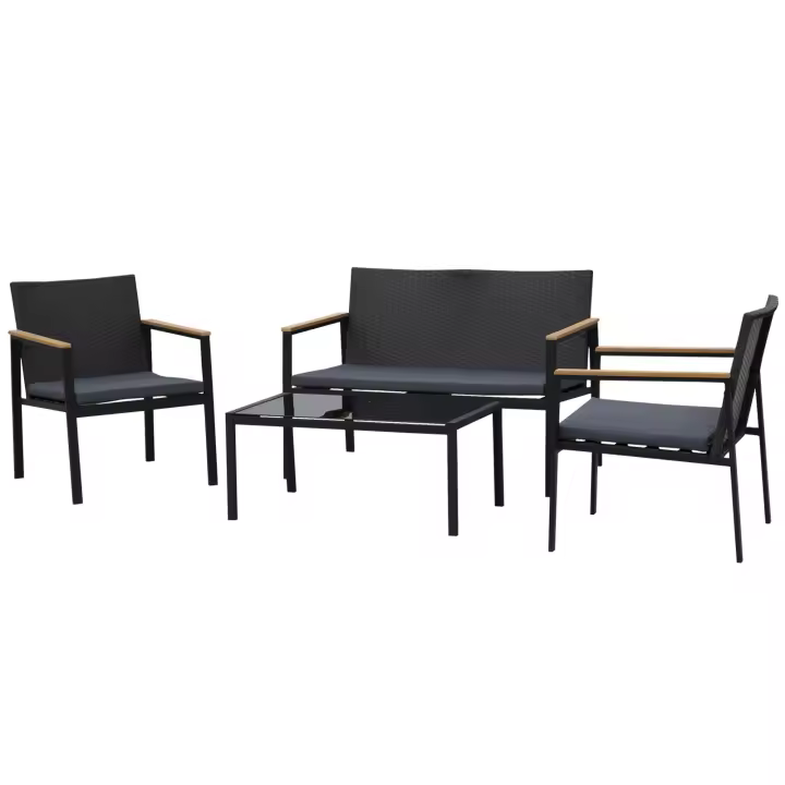 Outsunny Conjunto Muebles de Ratán de 4 Piezas con Cojines Acolchados 2 Sillone 1 Sofá para Doble y Cafetería Vidrio Templado para Jardín Exterior Terraza Patio Negro y Gris - 1
