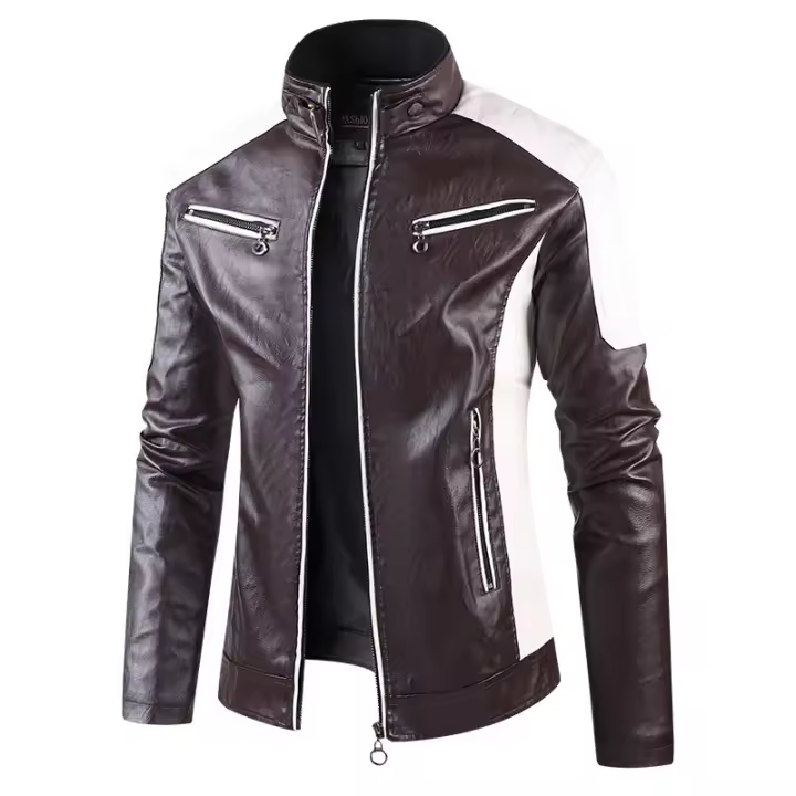 Chaqueta De Motocicleta Para Hombres Cuero PU Color Bloqueado Cuello Erguido Casual Ropa De Moto Equipamiento De Motocicleta - 1