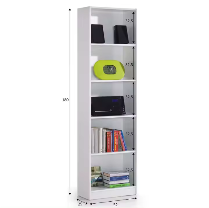 Meimon Estantería i-JOY 5 estantes fijos, tablero melaminizado E1 (15 mm), cantos PVC (0,6 mm), trasera MDF lacado (3 mm), tacos ABS antirruido, 180x52x25 cm, carga máx. 50 kg, balda 8 kg, embalaje 1890x285x75 mm - 1