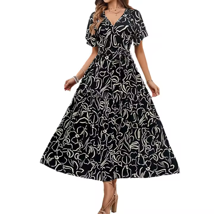 Women's 2024 Spring and Summer Leisure Vacation Printed Short Sleeve Dress - 1