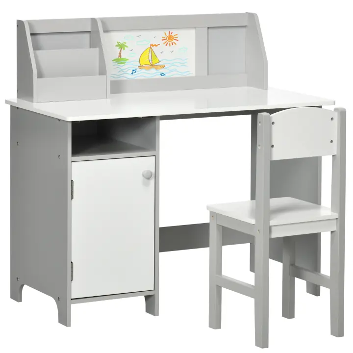 HOMCOM Juego de Mesa y Silla Infantil de Madera con Pizarra Blanca Mesa de Estudio para Niños de +5 Años Mueble Escritorio Infantil 90x45x85 cm - 1