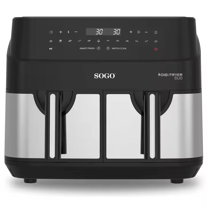 SOGO - Freidora de Aire DIGI FRYER DUO 9L con 1750W, acero inoxidable y negro, 12 funciones preestablecidas para freír, hornear, asar y tostar con hasta un 80% menos de grasa - 1