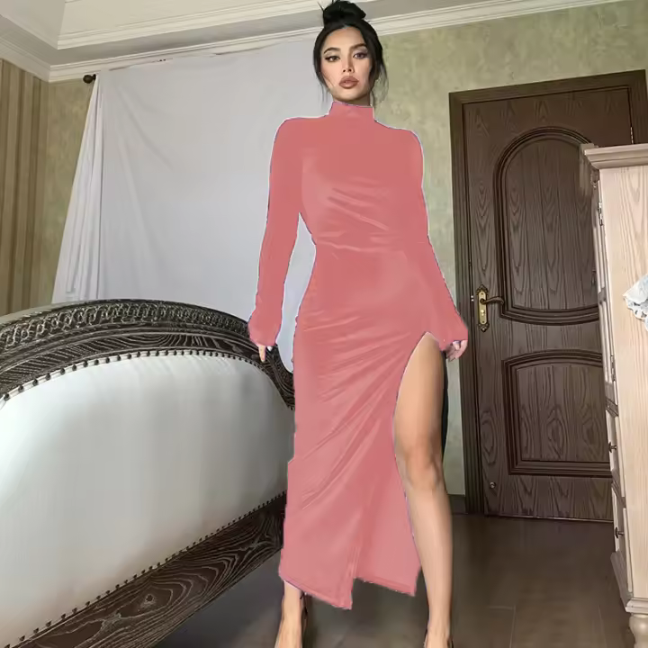 Vestido De Veludo Largo Para Mujer Estilo Otoño E Invierno Cuello Alto Con Abertura Y Pliegues Vestido Ajustado Y Sexy - 1