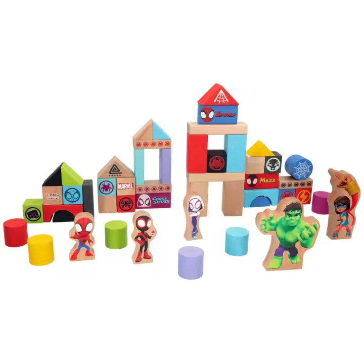 WOOMAX Spidey y su superequipo Juego de bloques de madera, Bloques de construcción madera para niños / Juego para construir castillos y murallas / Bloques de colores para jugar - 1