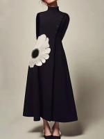 Vestido Midi De Noche Elegante Para Mujer Con Estampado De Flores Largo Manga Full Cuello Alto Negro Vestido A-Line Nueva Otoño 2024 - details 0