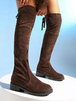 Botas De Invierno Para Mujer Marrón Hasta La Rodilla Cómodas Con Cordones Tacones Altos Y Suela Plana Botas De Gamuza Forradas Con Cierre De Lazo Fashion Y Cálidas - details 6