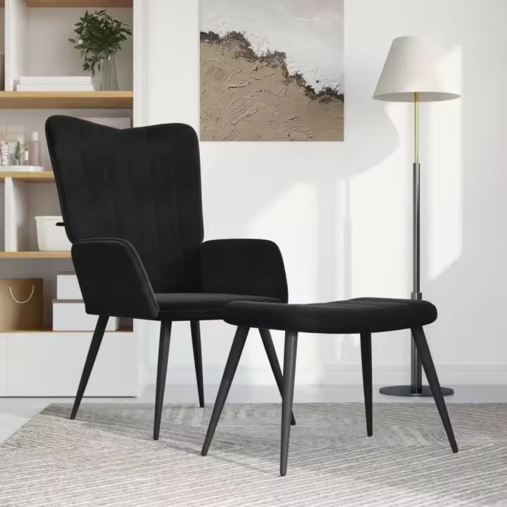 vidaXL Sillón de relax con taburete terciopelo negro - 1