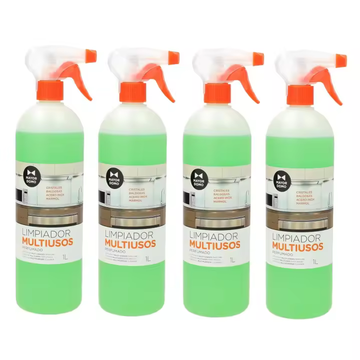 Mayordomo Limpiador Multiusos de Superficies Perfumado 1L, Pack 4 unidades - Limpiador Multisuperficies de calidad con Pistola Pulverizadora para Cristales, Azulejos, Baldosas, Marmol, Acero Inoxidable, Cerámica. pH neutro, con alcohol, agradable perfume - 1