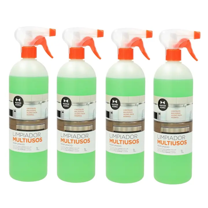 Mayordomo Limpiador Multiusos de Superficies Perfumado 1L, Pack 4 unidades - Limpiador Multisuperficies de calidad con Pistola Pulverizadora para Cristales, Azulejos, Baldosas, Marmol, Acero Inoxidable, Cerámica. pH neutro, con alcohol, agradable perfume - 1