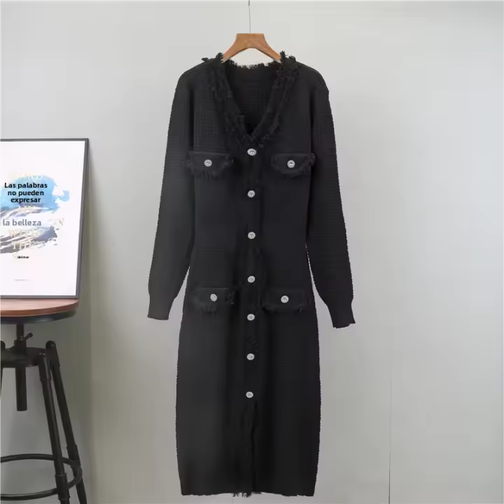 Vestido De Fiesta Elegante Y Adelgazante Para Mujer De Knitted De Media Longitud Con Cuello V Estilo Francés De Moda De Otoño E Invierno Con Cierre De Pullover - 1