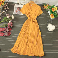 Nuevo Vestido De Verano 2026 Para Mujer Estilo Casual Con Cuello En V Manga Corta Lace up Pleated Chiffon Vestido De Cintura Alta - details 1