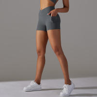 Shorts De Yoga Para Mujer Con Cintura Alta Y Bolsillos Diseño Cruzado Transpirables Y Secado Rápido Para Gimnasio Running Ejercicio - details 28