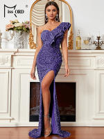 Vestido De Fiesta De Encaje Y Lentejuelas Missord Para Mujer Elegante Vestido De Boda Cocktail Prom Mermaid Maxi Vestido De Un Hombro Con Volante Y Abertura En La Pierna - details 9