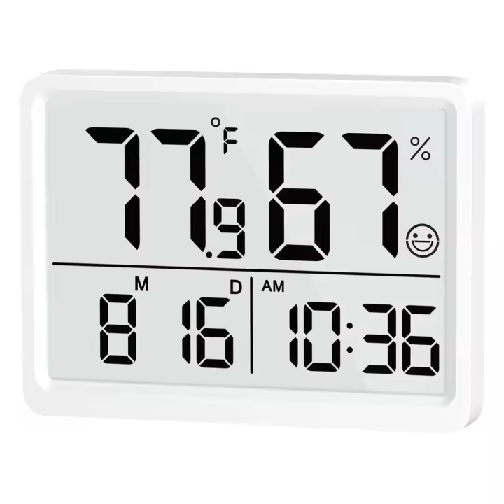 Termómetro de Habitación para interiores - Higrómetro Monitor de temp y humedad con sensor de Alta precisión Pantalla LCD Reloj de fecha grande para Cocina Habitación de Bebé Oficina (Blanco) - 1