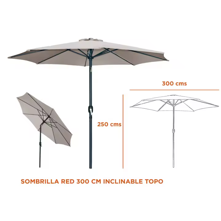 Sombrilla Parasol ø 300 cm Inclinabre Estructura Aluminio y Acero ø 48 mm Con 8 varillas de Acero12 x 18 mm Para Terraza Jardin Patio Fornord - 1