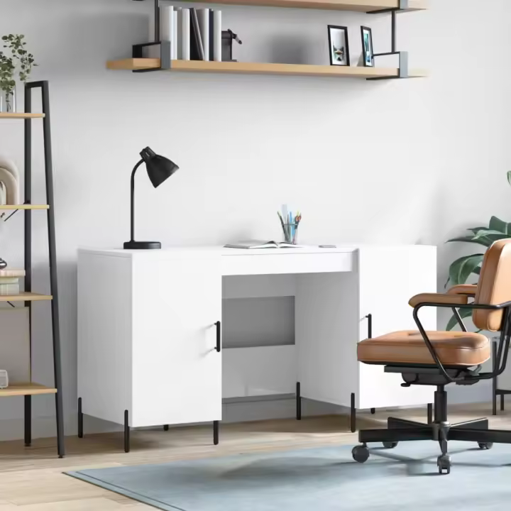 vidaXL Escritorio madera contrachapada 140x50x75 cm en color Blanco brillante/Blanco/Marrón roble y más | estructura resistente ideal para salón dormitorio o estudio - 1