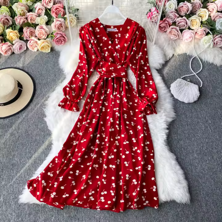 Vestido Vintage YuooMuoo Para Mujer Manga Larga Con Cierre De Encaje Longitud Media Pierna Estilo Coreano Fashion A-Line V-Neck Sashes - 1