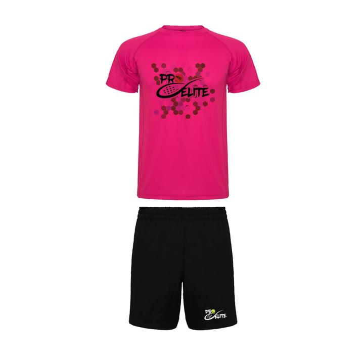 PRO-ELITE. Conjunto textil deportivo, Equipación para todos los deportes. Camiseta manga corta con logo PRO-ELITE frontal a elegir entre 7 Colores distintos, pantalón corto Negro con dos bolsillos y logo PRO-ELITE en sublimación. Fabricado en poliéster.