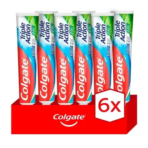 Colgate Triple Acción Pack Ahorro: Pasta de Dientes Anticaries 75ml x 6 | Protección Completa para Toda la Familia. Frescor de Menta y Blanqueamiento Natural . Mantén Dientes Fuertes, Aliento Fresco y Sonrisa Brillante. - 1