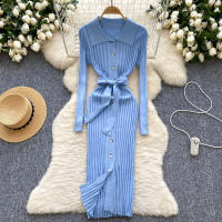 Vestido De Punto Para Mujer REALEFT Otoño Invierno Con Cinturón Cuello Polo De Mano Sola Manga Larga Ajuste Cintura Alta Vestido De Trabajo - details 3