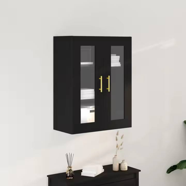 Cabinet montado en la pared de vidaXL con puertas de vidrio en roble negro 69,5x34x90 cm - 1