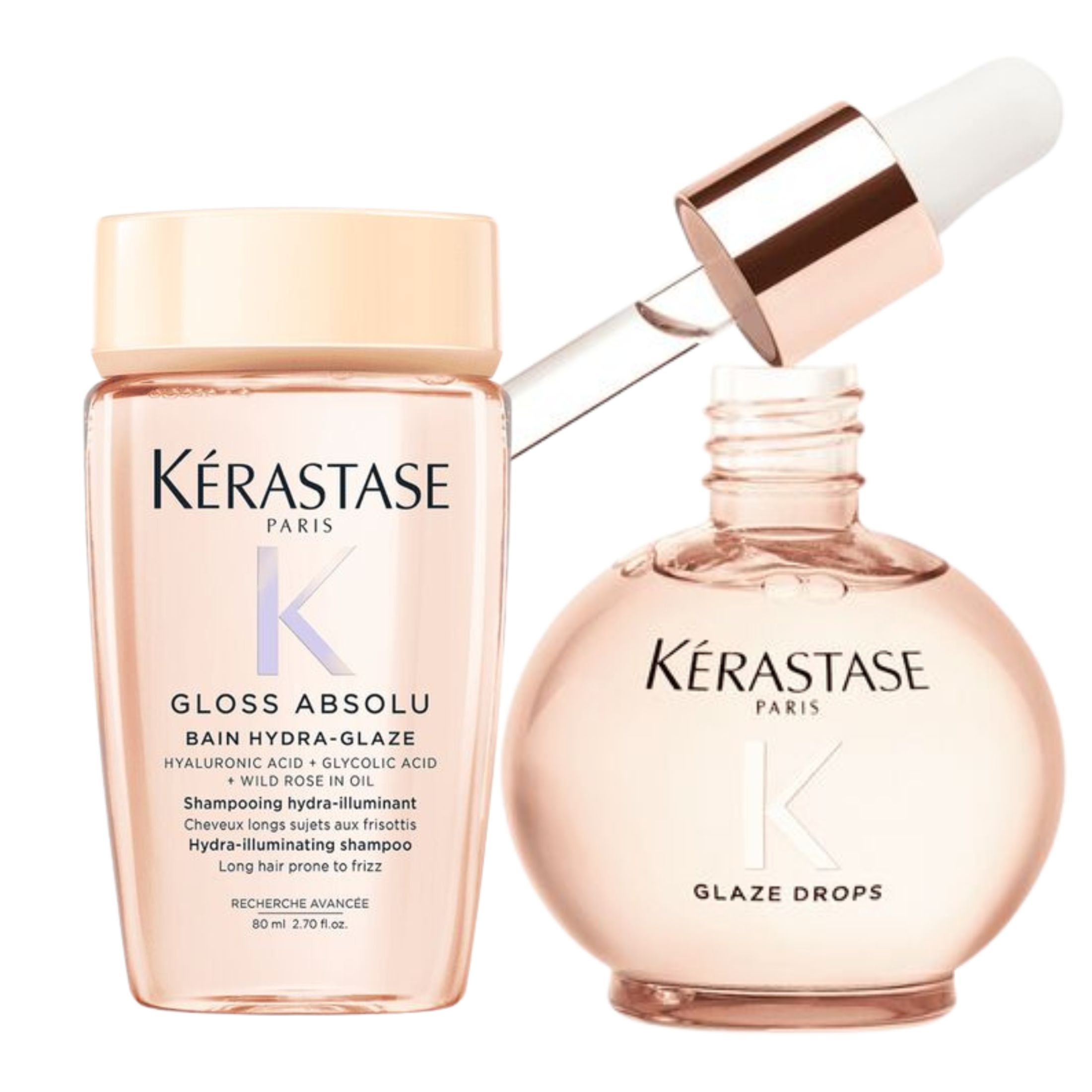 Pack Kérastase Gloss Absolu – Huile Glaze Drops 45ml + Bain Hydra-Glaze 80ml   – Cabello Largo y con Tendencia al Encrespamiento