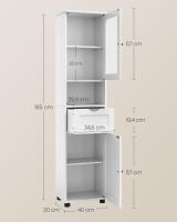 Armario Alto de Baño Estrecho con Puerta de Cristal - Estantes Regulables, Compartimento Abierto, Ahorro de Espacio, Blanco Nube - details 5